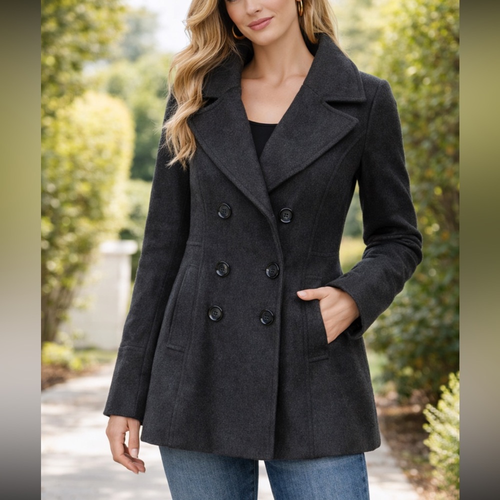 MICHAEL KORS Women’s Dark Gray Wool Blend Doubled Breasted Pea Coat Size Small